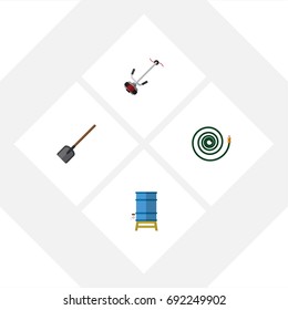 Flat Icon Garden Set Of Grass-Cutter, Container, Shovel And Other Vector Objects. Also Includes Garden, Lawn, Tool Elements.