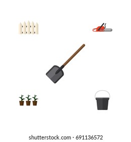 Flat Icon Garden Set Of Hacksaw, Pail, Wooden Barrier And Other Vector Objects. Also Includes Wooden, Flowerpot, Container Elements.