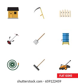Flat Icon Garden Set Of Harrow, Container, Lawn Mower And Other Vector Objects. Also Includes Harrow, Fork, Barn Elements.