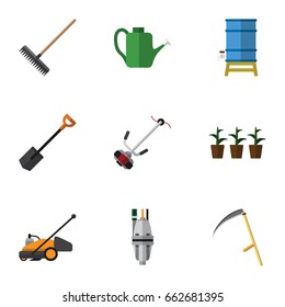 Flat Icon Garden Set Of Harrow, Pump, Flowerpot And Other Vector Objects. Also Includes Harrow, Scythe, Rake Elements.