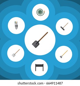 Flat Icon Garden Set Of Harrow, Barbecue, Hosepipe And Other Vector Objects. Also Includes Spade, Gardening, Hoe Elements.