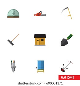 Flat Icon Garden Set Of Harrow, Hacksaw, Pump And Other Vector Objects. Also Includes Hothouse, Barn, Farmhouse Elements.