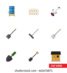 Flat Icon Garden Set Of Hay Fork, Stabling, Harrow And Other Vector Objects. Also Includes Cutter, Container, Barrier Elements.