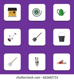 Flat Icon Garden Set Of Hay Fork, Pail, Hosepipe And Other Vector Objects. Also Includes Hose, Fork, Barn Elements.