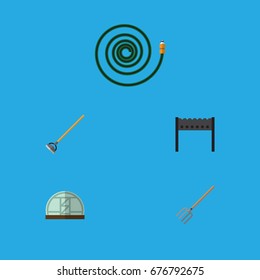 Flat Icon Garden Set Of Hay Fork, Barbecue, Hothouse And Other Vector Objects. Also Includes Bbq, Brazier, Greenhouse Elements.