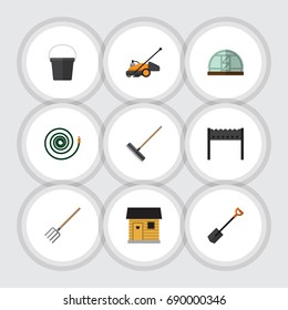 Flat Icon Garden Set Of Hay Fork, Hothouse, Barbecue And Other Vector Objects. Also Includes Fork, Barn, Brazier Elements.