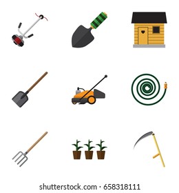 Flat Icon Garden Set Of Hosepipe, Cutter, Grass-Cutter And Other Vector Objects. Also Includes Farmhouse, Stabling, Flowerpot Elements.