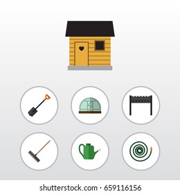 Flat Icon Garden Set Of Hosepipe, Bailer, Spade And Other Vector Objects. Also Includes Hose, Bbq, Hosepipe Elements.