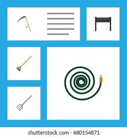 Flat Icon Garden Set Of Hosepipe, Tool, Barbecue And Other Vector Objects. Also Includes Gardening, Cutter, Brazier Elements.