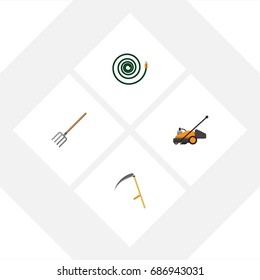 Flat Icon Garden Set Of Hosepipe, Hay Fork, Cutter And Other Vector Objects. Also Includes Cutter, Tool, Mower Elements.