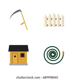 Flat Icon Garden Set Of Hosepipe, Stabling, Cutter And Other Vector Objects. Also Includes Scythe, Barrier, Wooden Elements.