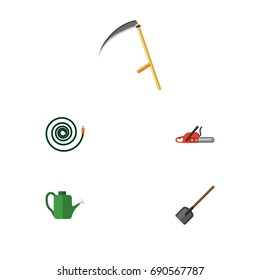 Flat Icon Garden Set Of Hosepipe, Hacksaw, Shovel And Other Vector Objects. Also Includes Shovel, Cutter, Garden Elements.