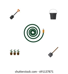 Flat Icon Garden Set Of Hosepipe, Pail, Spade And Other Vector Objects. Also Includes Hosepipe, Plant, Flowerpot Elements.