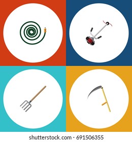 Flat Icon Garden Set Of Hosepipe, Grass-Cutter, Cutter And Other Vector Objects. Also Includes Hose, Garden, Hosepipe Elements.