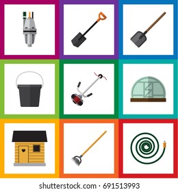 Flat Icon Garden Set Of Hosepipe, Stabling, Tool And Other Vector Objects. Also Includes Cutter, Greenhouse, Farm Elements.