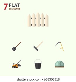 Flat Icon Garden Set Of Hothouse, Pail, Cutter And Other Vector Objects. Also Includes Mower, Farm, Fence Elements.