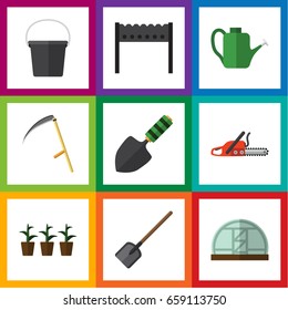 Flat Icon Garden Set Of Hothouse, Barbecue, Cutter And Other Vector Objects. Also Includes Bucket, Hothouse, Spade Elements.