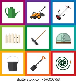 Flat Icon Garden Set Of Hothouse, Harrow, Hosepipe And Other Vector Objects. Also Includes Hose, Rake, Hosepipe Elements.