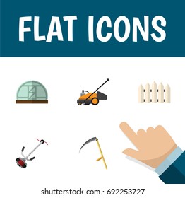 Flat Icon Garden Set Of Hothouse, Wooden Barrier, Lawn Mower And Other Vector Objects. Also Includes Mower, Wooden, Barrier Elements.
