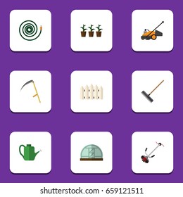 Flat Icon Garden Set Of Lawn Mower, Hothouse, Bailer And Other Vector Objects. Also Includes Garden, Plant, Scythe Elements.