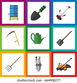 Flat Icon Garden Set Of Lawn Mower, Pump, Container And Other Vector Objects. Also Includes Tool, Can Bailer, Lawn Elements.
