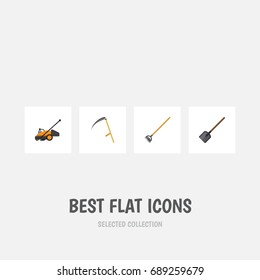 Flat Icon Garden Set Of Lawn Mower, Shovel, Cutter And Other Vector Objects. Also Includes Hoe, Spade, Scythe Elements.