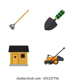 Flat Icon Garden Set Of Lawn Mower, Trowel, Stabling And Other Vector Objects. Also Includes Tool, Mower, Trowel Elements.