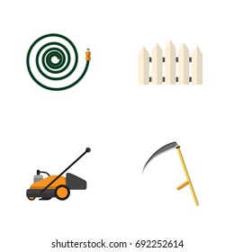 Flat Icon Garden Set Of Lawn Mower, Cutter, Wooden Barrier And Other Vector Objects. Also Includes Cutter, Tool, Hosepipe Elements.