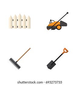 Flat Icon Garden Set Of Lawn Mower, Harrow, Wooden Barrier And Other Vector Objects. Also Includes Cutter, Harrow, Rake Elements.