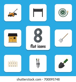 Flat Icon Garden Set Of Lawn Mower, Wooden Barrier, Hay Fork And Other Vector Objects. Also Includes Spatula, Shovel, Barbecue Elements.