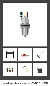 Flat Icon Garden Set Of Pail, Barbecue, Harrow And Other Vector Objects. Also Includes Flowerpot, Tool, Harrow Elements.