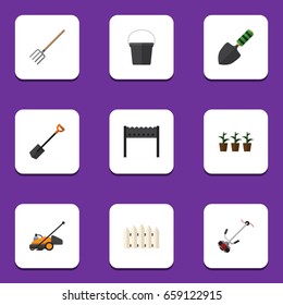 Flat Icon Garden Set Of Pail, Flowerpot, Spade And Other Vector Objects. Also Includes Plant, Wooden, Pitchfork Elements.