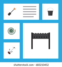 Flat Icon Garden Set Of Pail, Spade, Hosepipe And Other Vector Objects. Also Includes Pail, Hose, Shovel Elements.
