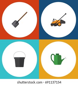 Flat Icon Garden Set Of Pail, Lawn Mower, Bailer And Other Vector Objects. Also Includes Lawn, Mower, Bucket Elements.