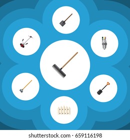 Flat Icon Garden Set Of Pump, Harrow, Wooden Barrier And Other Vector Objects. Also Includes Lawn, Hoe, Harrow Elements.