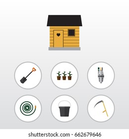 Flat Icon Garden Set Of Pump, Pail, Flowerpot And Other Vector Objects. Also Includes Plant, Farmhouse, Garden Elements.