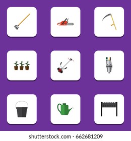 Flat Icon Garden Set Of Pump, Bailer, Tool And Other Vector Objects. Also Includes Scythe, Bucket, Hoe Elements.