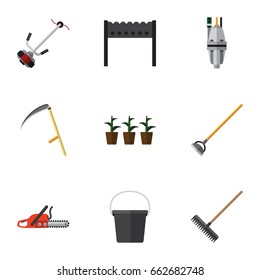 Flat Icon Garden Set Of Pump, Barbecue, Pail And Other Vector Objects. Also Includes Cutter, Hoe, Equipment Elements.