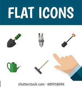 Flat Icon Garden Set Of Pump, Spade, Harrow And Other Vector Objects. Also Includes Rake, Pump, Harrow Elements.