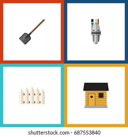 Flat Icon Garden Set Of Pump, Wooden Barrier, Shovel And Other Vector Objects. Also Includes Tool, Spade, Barn Elements.