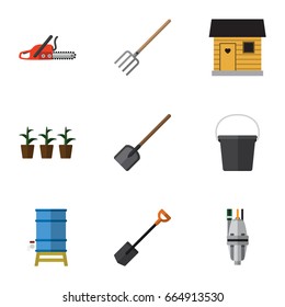 Flat Icon Garden Set Of Shovel,  Container And Other Vector Objects. Also Includes Barn, Flowerpot, Spade Elements.
