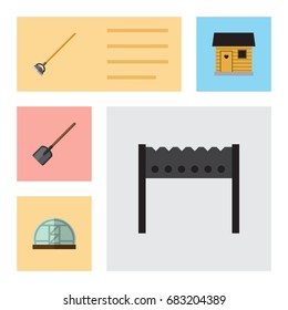 Flat Icon Garden Set Of Shovel, Tool, Stabling And Other Vector Objects. Also Includes Spade, Brazier, Farmhouse Elements.