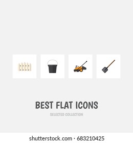 Flat Icon Garden Set Of Shovel, Pail, Wooden Barrier And Other Vector Objects. Also Includes Spade, Wooden, Cutter Elements.