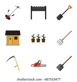 Flat Icon Garden Set Of Shovel, Stabling, Barbecue And Other Vector Objects. Also Includes Botany, Stabling, Flowerpot Elements.