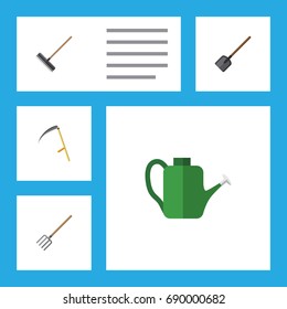 Flat Icon Garden Set Of Shovel, Harrow, Bailer And Other Vector Objects. Also Includes Harrow, Scythe, Cutter Elements.