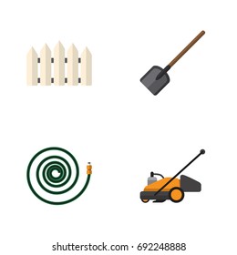 Flat Icon Garden Set Of Shovel, Wooden Barrier, Lawn Mower And Other Vector Objects. Also Includes Fence, Garden, Shovel Elements.