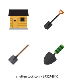 Flat Icon Garden Set Of Shovel, Stabling, Trowel And Other Vector Objects. Also Includes Tool, Spade, Shovel Elements.