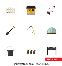 Flat Icon Garden Set Of Spade, Stabling, Flowerpot And Other Vector Objects. Also Includes Bucket, Flowerpot, Pail Elements.