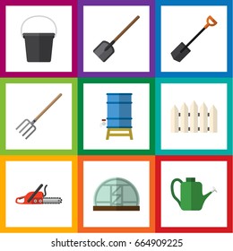 Flat Icon Garden Set Of Spade, Shovel, Wooden Barrier And Other Vector Objects. Also Includes Hacksaw, Saw, Greenhouse Elements.