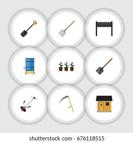 Flat Icon Garden Set Of Spade, Barbecue, Cutter And Other Vector Objects. Also Includes Barn, Stabling, Brazier Elements.